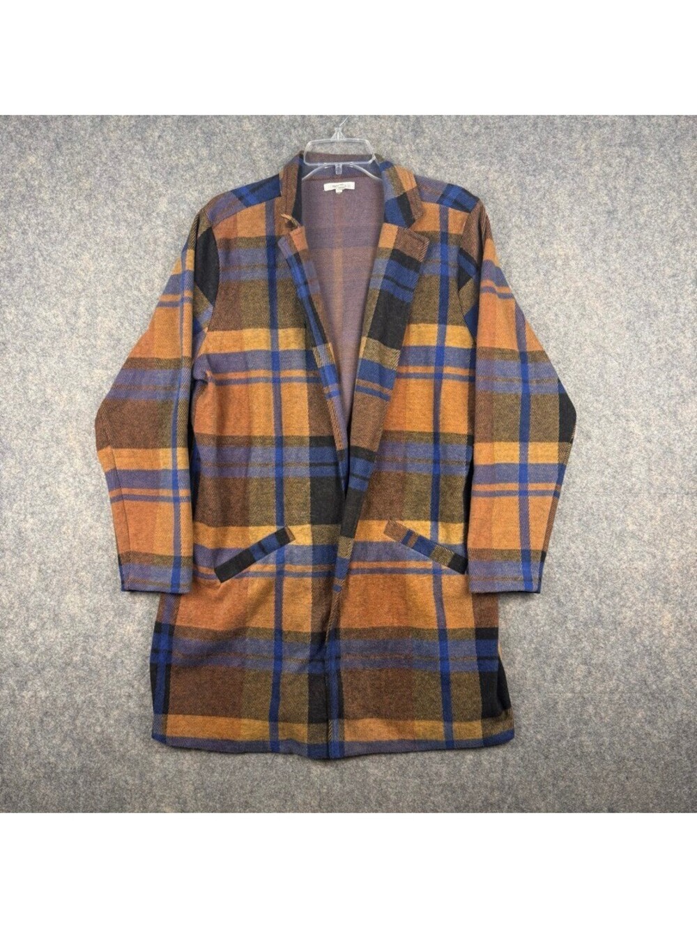 Brown Blue Plaid Longline Blazer Size Oversize Cardigan Shacket Size XL 258